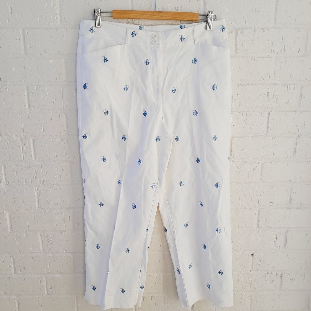 CHARTER CLUB Allison Fit Cropped Stretch Pants Fish Embroidery Resort Wear sz:10